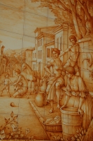 Il vecchio paese - Rivestimento della facciata di una abitazione a Riccione con piastrelle in maiolica dipinta a mano - Misura cm h. 270x 240
